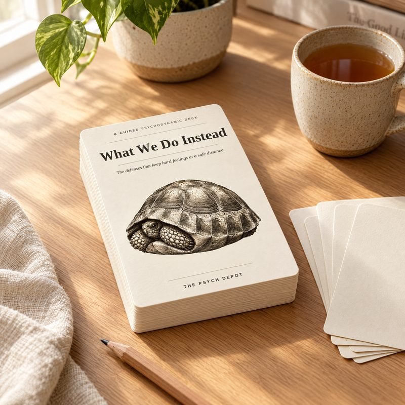 What We Do Instead defense mechanisms card deck on a sunlit desk