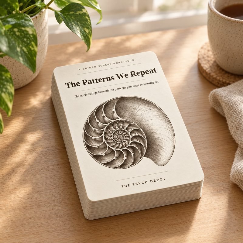The Patterns We Repeat schema therapy card deck on a sunlit desk