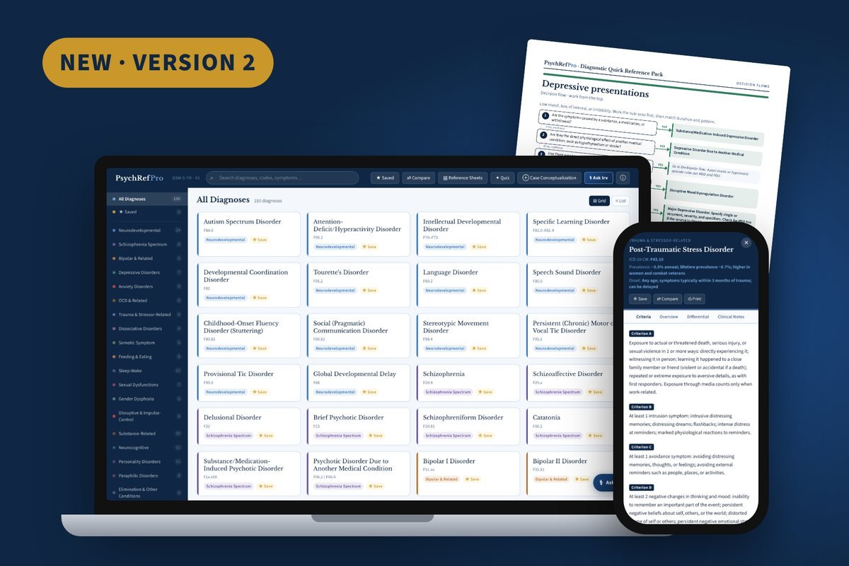 PsychRef Pro Version 2 open on a laptop and a phone, beside a printed decision flowchart page